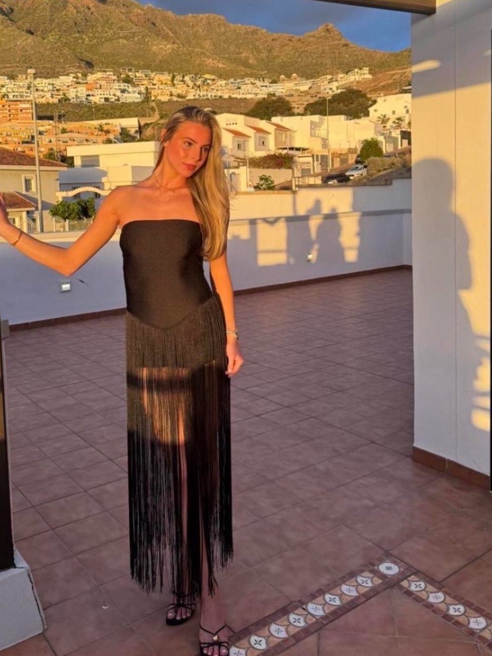 Fashion Nova Black Strapless Fringe Maxi Dress